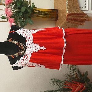 Magic 🪄 Stretchy Red Maxi Dress with White Lace Trim Size Medium